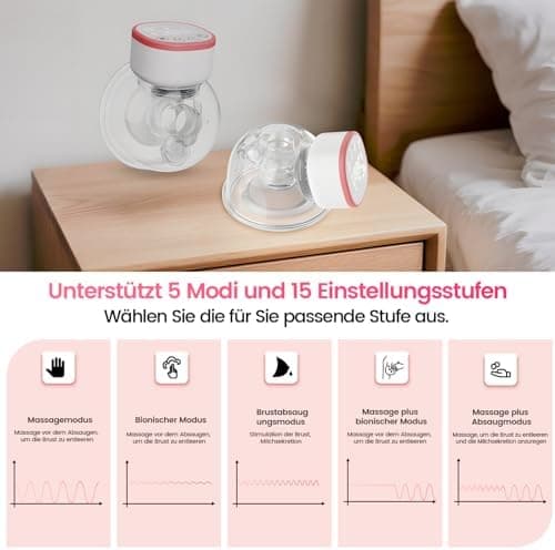 Elektrische Milchpumpe freihändig BPA-frei - Lebensmittelqualitätssilikon, 5 Modi, 15 Stufen, geräuscharm - 1 Stück, Ros