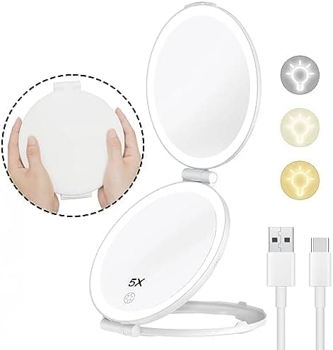 FUNTOUCH Kosmetikspiegel mit Beleuchtung für Reiseerlebnisse, 1800 mAh Betriebspannel, 5X Vergrößerung, 3 Farben Winstel