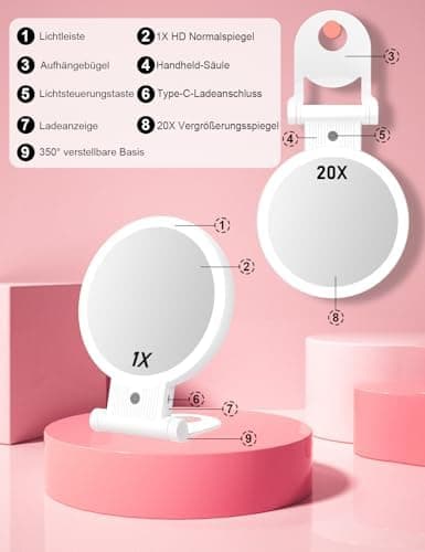 Robofun Kosmetikspiegel mit Beleuchtung 20X Vergrößerung 3 Farben 2500mAh White Reisespiegel