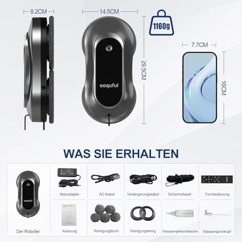 Intelligenter Fensterputzroboter, automatischer Fensterputzer mit Fernbedienung und App, grau  
Elektrischer Fensterputz