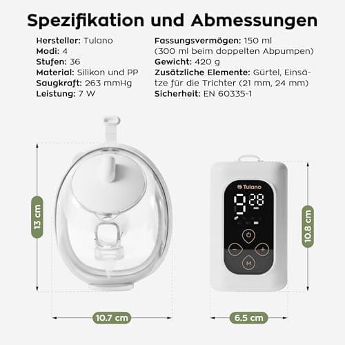 Tulano leiseste kabellose Doppel-Milchpumpe handsfree für Mommys, leise BPA-frei, 150–300 ml, USB wiederaufladbare Milch