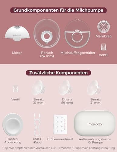 Momcozy M5 Milchpumpe Elektrisch Freihändig, 24 mm(1, Grau), Doppelt Abgedichteter Flansch, 3 Modi, 9 Stufen, Tragbar Br