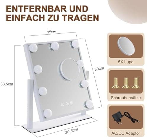 Hollywood-Spiegel mit Beleuchtung - Vanity Mirror 9 LED - 360° Drehung -Touch Dimmbar - Perfekter Schminkspiegel für den