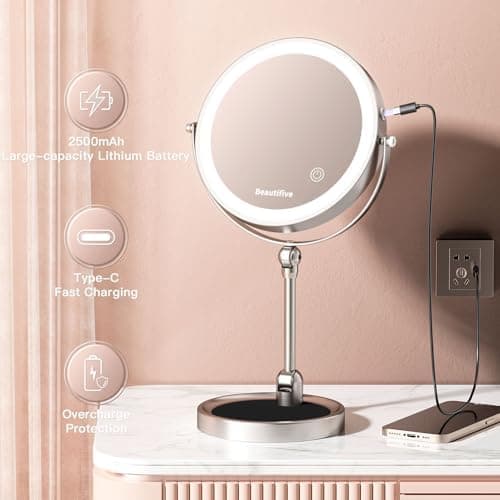 10" Kosmetikspiegel mit Beleuchtung, 12X/1X Vergrößerung & Farbdimming, 360° schwenkbar & wiederaufladbare Toilettenspie