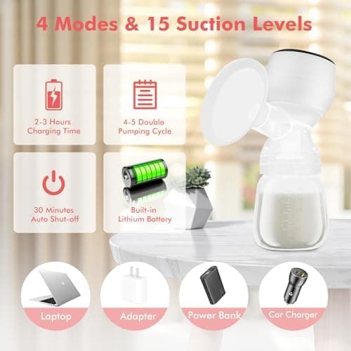 Elektrische Milchpumpe für zu Hause und auf Reisen, 4 Modi und 15 Stufen, BPA-frei, ultra-leise mit LED-Touchscreen
