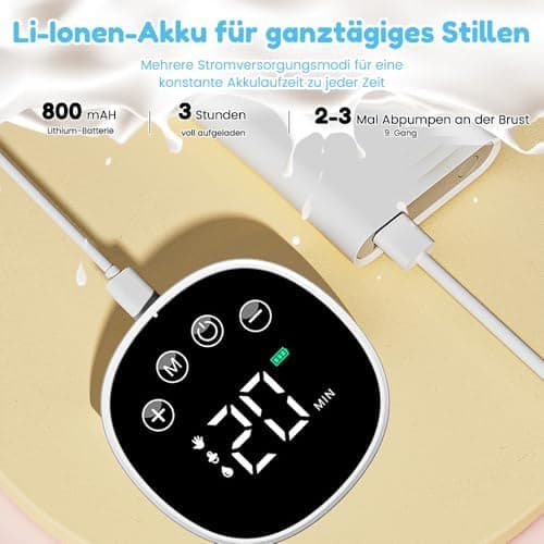 Elektrische Milchpumpe Freihändig Tragbar | 3 Modi 9 Stufen | Ultra-Leise LED-Display | 180ml Milchauffangbehälter | Dis
