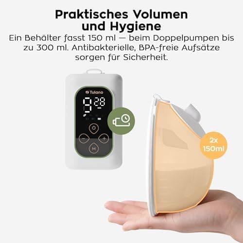 Tulano leiseste kabellose Doppel-Milchpumpe handsfree für Mommys, leise BPA-frei, 150–300 ml, USB wiederaufladbare Milch