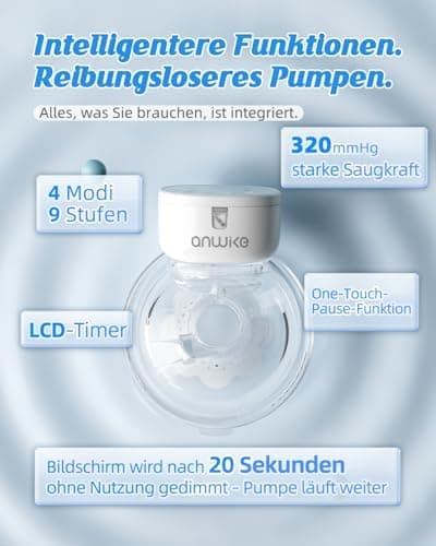 ANWIKE Elektrische Milchpumpe Handsfree für Schmerzfreies Pumpsen, ideal für Fahren und Reisen - 4 Modi 9 Stufen, 230g l