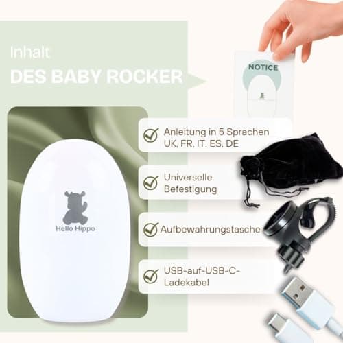 Hello Hippo - Baby Rocker Kinderwagenschaukler, Wiederaufladbar USB-C, Für Schlusselbaby & Nachtsicherheit