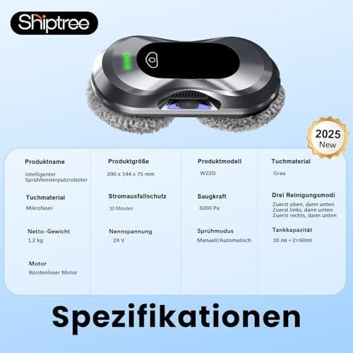 Fensterputzroboter 2025 - 6000Pa Doppeldüsen-Sprühfunktion, Kanten Erkennung und Stromausfallschutz für Fenster/Fliesen