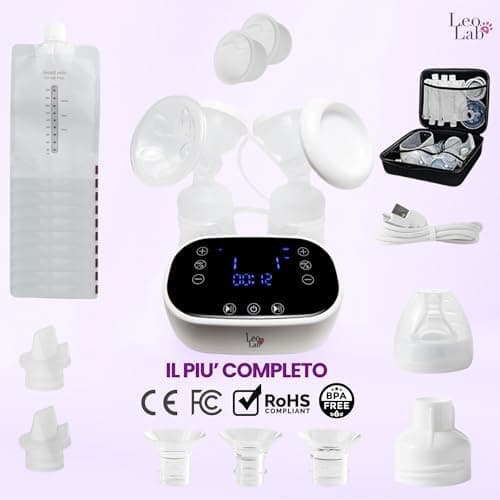 LeoLab Elektrische Doppel-Milchpumpe, ultrastarke Saugkraft und lange Akkulaufzeit, für Mütter, zur Entleerung von 2 Fla
