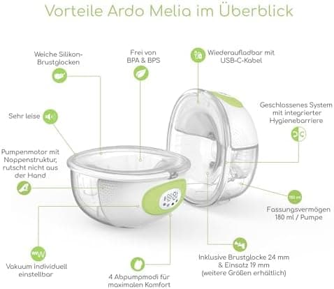 Ardo MELIA Elektrische Milchpumpe Freihändig - Klinikqualität mit 15vakuumlevels, ideal für Mutter mit sensiblen Brüsten