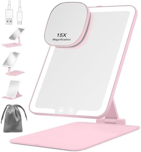 Wiederaufladbar Kosmetikspiegel 1500mAh + Beleuchtung Rosa 15XMini VergrößerungDimmbare Beleuchtung Faltbar Tragbar Reis