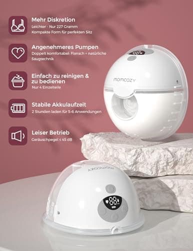 Momcozy M5 Milchpumpe Elektrisch Freihändig, 24 mm(1, Grau), Doppelt Abgedichteter Flansch, 3 Modi, 9 Stufen, Tragbar Br