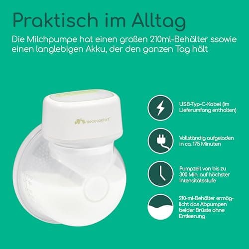 Bebeconfort Diskrete Milchpumpe Handsfree - Elektrisch, leises Abpumpen (51db), langlebiger Akku