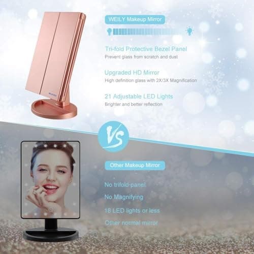 WEILY Schminkspiegel mit Beleuchtung - 3x/2x/1x Vergrößerung & 21 natürliche LED Lichter (Rosengold)  
Faltbarer WEILY M