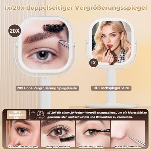 Schminkspiegel mit Beleuchtung 20fach Vergrößerung Abnehmbar 3 Farben Dimmbar