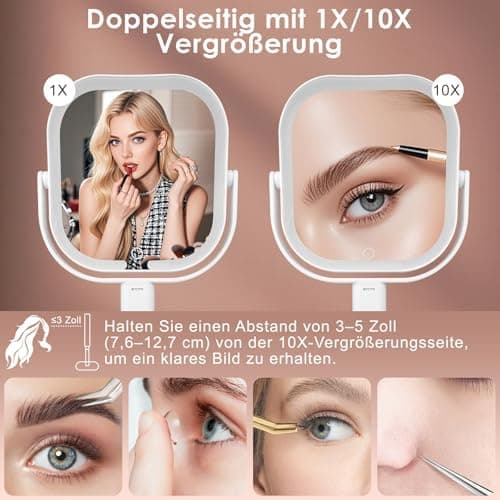 Kosmetikspiegel mit Beleuchtung 10X Vergrößerungsspiegel für Make-up Professionals, 360° Drehbar und Abnehmbar mit Dimmb