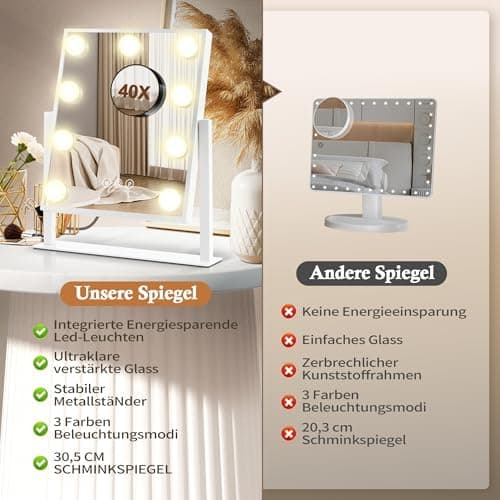 Schönheitsspiegel mit Beleuchtung 30x36 cm 9 LED Lichtmodi 40-fach Vergrößerung Schlafzimmer Schminktisch
| Hollywood S