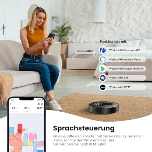 Proscenic Q8 Saugroboter Laser Navigation Steuerung über APP Leistungsstarker Staubsauger mit Wischfunktion Böden und Te