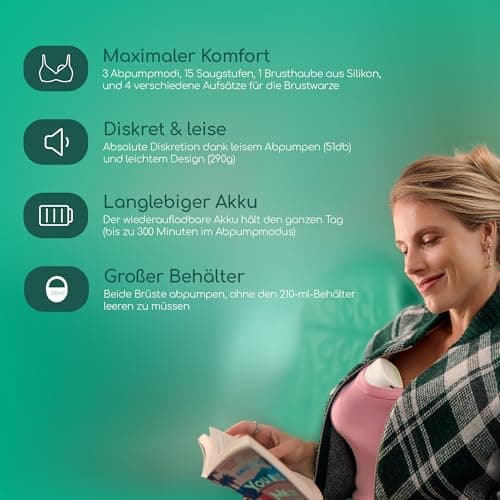Bebeconfort Diskrete Milchpumpe Handsfree - Elektrisch, leises Abpumpen (51db), langlebiger Akku