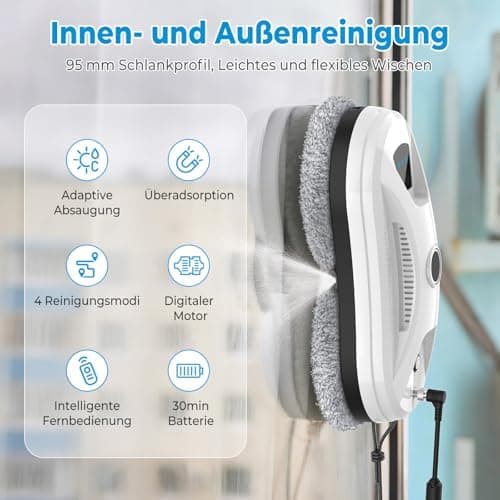 Fensterputzroboter 5600 Pa | Automatische Doppel-Sprühfunktion | 3 Reinigungsmodi | Glas und Spiegel | Sicherheitssystem