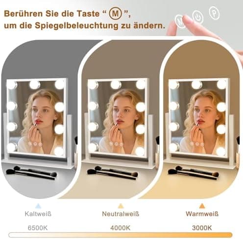 Hollywood-Spiegel mit Beleuchtung - Vanity Mirror 9 LED - 360° Drehung -Touch Dimmbar - Perfekter Schminkspiegel für den