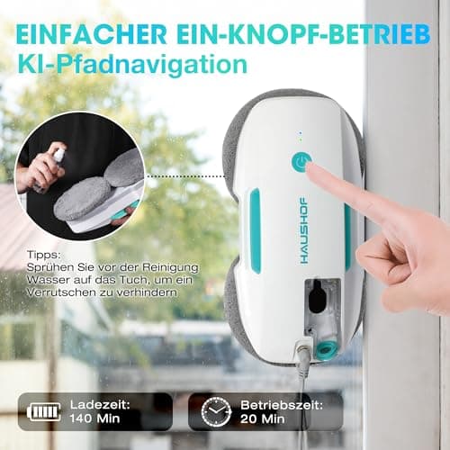 HAUSHOF Elektrischer Fensterputzer, 3800PA Mit Sprühfunktion & Intelligentem Navigation, Fernbedienung, Für Innen- & Auß
