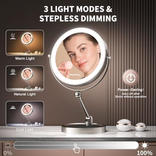 10" Kosmetikspiegel mit Beleuchtung, 12X/1X Vergrößerung & Farbdimming, 360° schwenkbar & wiederaufladbare Toilettenspie