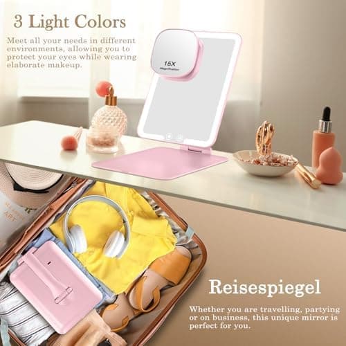 Wiederaufladbar Kosmetikspiegel 1500mAh + Beleuchtung Rosa 15XMini VergrößerungDimmbare Beleuchtung Faltbar Tragbar Reis
