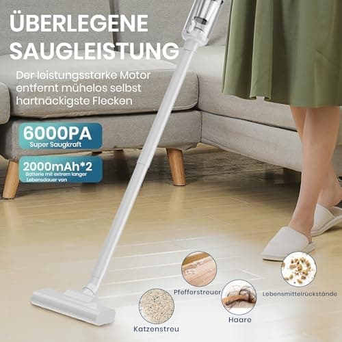 Akku Staubsauger Kabellos mit 6000Pa Saugkraft für Hartböden und Teppiche