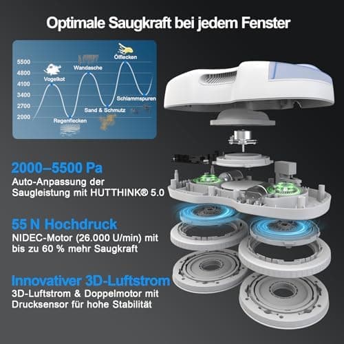 Hutt S7 Fensterputzroboter - 5500 Pa Saugkraft, 3D Schwebepad, 80 ml Tank, 8× Reinigungslappen