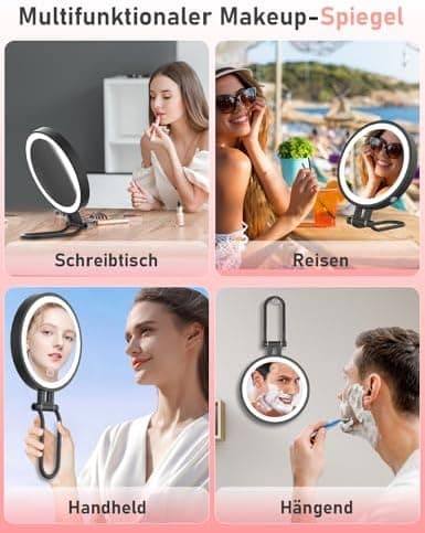 Robofun Kosmetikspiegel mit Beleuchtung Schwarz Metallgehäuse 3000mAh 1X-10X Vergrößerung 3 Farben 20%-100% Helligkeit