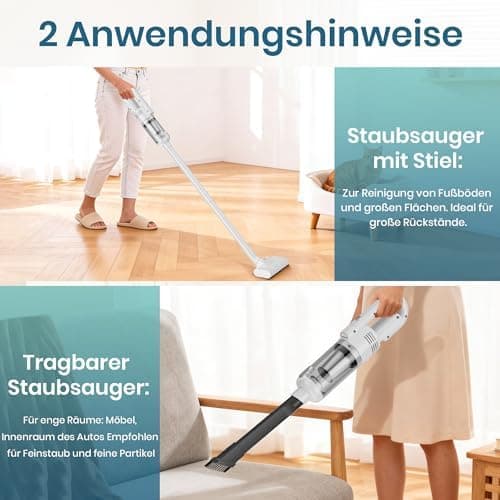 Akku Staubsauger Kabellos mit 6000Pa Saugkraft für Hartböden und Teppiche
