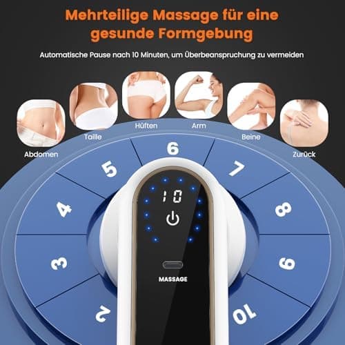 Anti-Cellulite Massagegerät - Elektrisch Akku-Lymphdrainage mit Heizung - 5 Massageköpfe - 6 Intensitätsstufen & 3 Massa