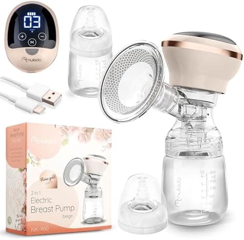 Nukido Milchpumpe Elektrisch - Elektrisch, 3 Modi, tragbar, LED-Anzeige, BPA-Frei, Silikon, Beige, Gold, Futtermilch-Spü