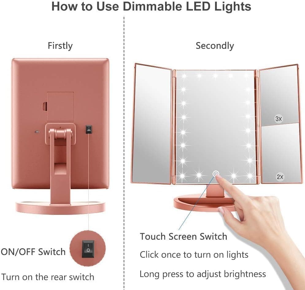 WEILY Schminkspiegel mit Beleuchtung - 3x/2x/1x Vergrößerung & 21 natürliche LED Lichter (Rosengold)  
Faltbarer WEILY M