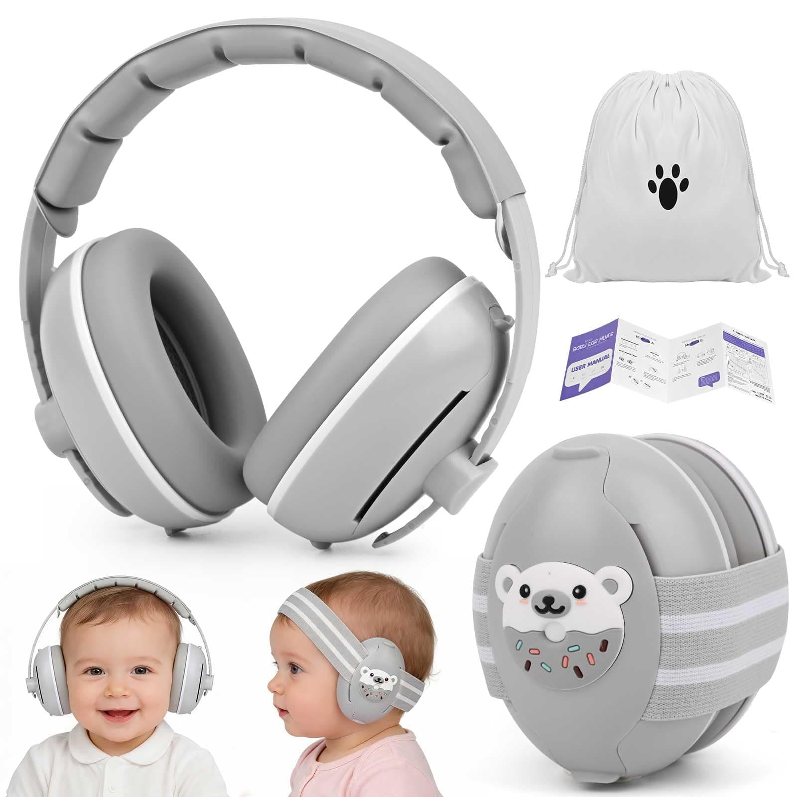 2-in-1 Gehörschutz Baby 25dB Geräuschreduktion & Verstellbares Rutschfestes KopfbandFür Babys bis 48 Monate ideal für Al