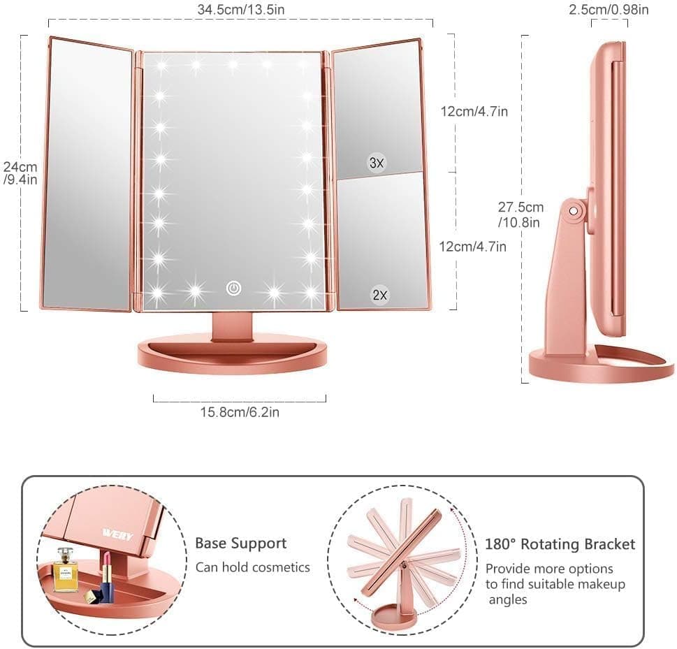 WEILY Schminkspiegel mit Beleuchtung - 3x/2x/1x Vergrößerung & 21 natürliche LED Lichter (Rosengold)  
Faltbarer WEILY M