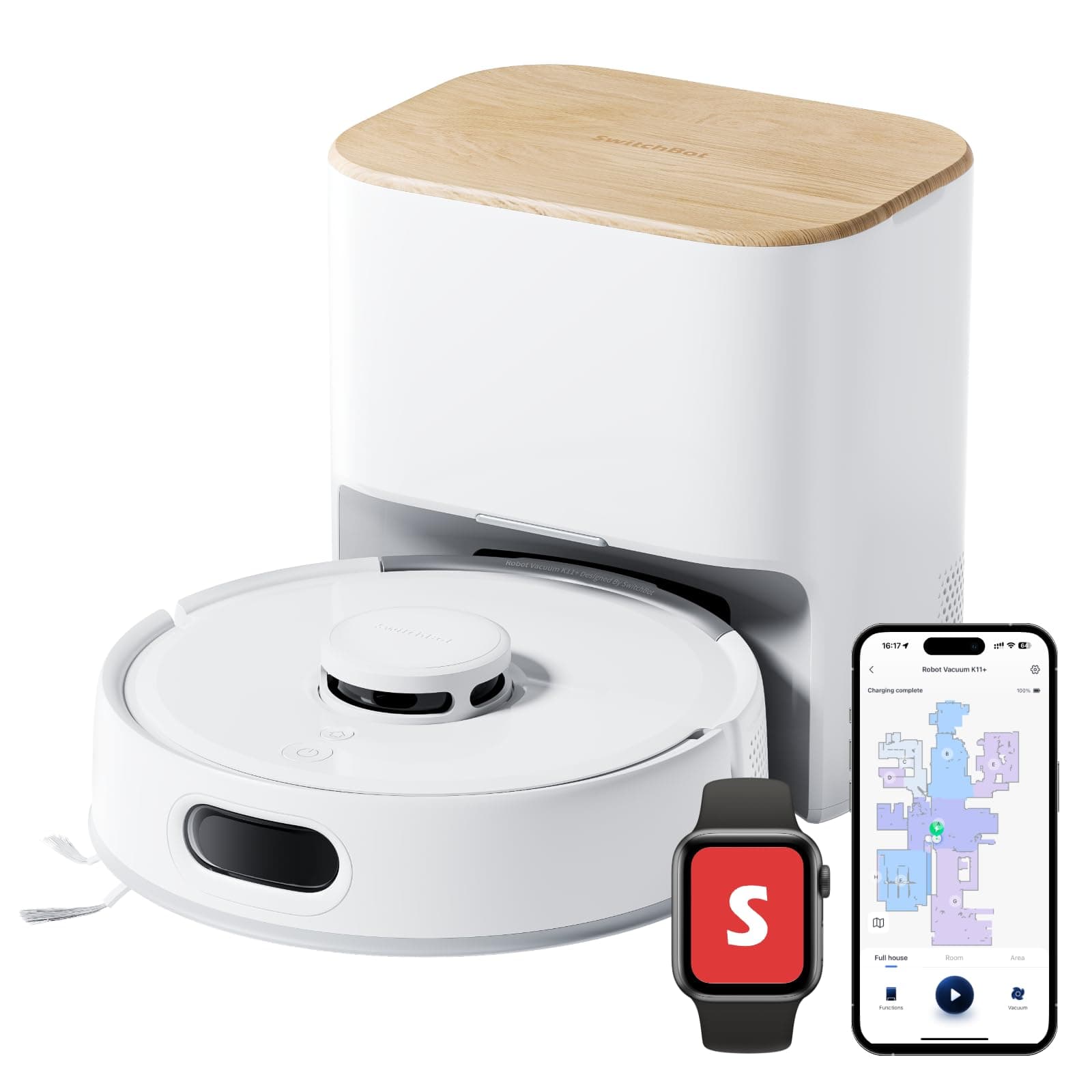SwitchBot K11+ Saugerroboter für Hausverwaltung, 6000Pa Saugkraft, 90 Tage Staubauffang, selbstentleerungsfähig, LDS Sma