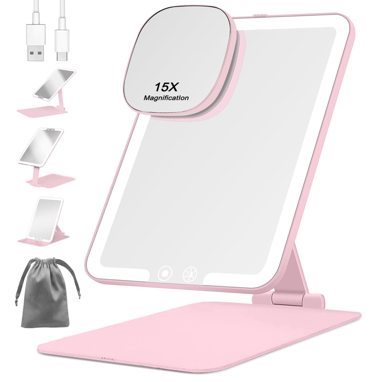 Wiederaufladbar Kosmetikspiegel 1500mAh + Beleuchtung Rosa 15XMini VergrößerungDimmbare Beleuchtung Faltbar Tragbar Reis