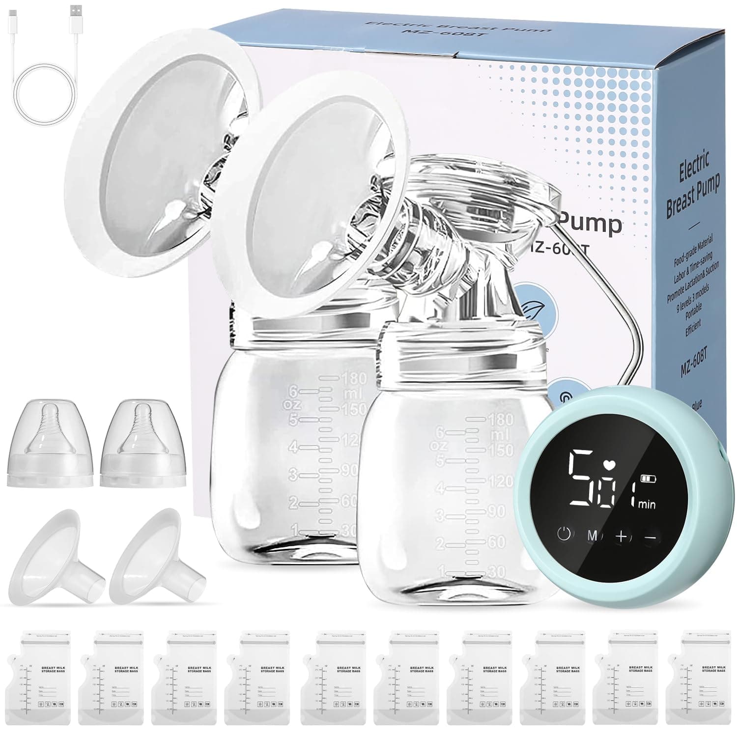 Doppelte Elektrische Breast Pump mit 10 Aufbewahrungsbeuteln und 2 Saugern - Für Mütter bei Abpumpen - Anti-Rückfluss &