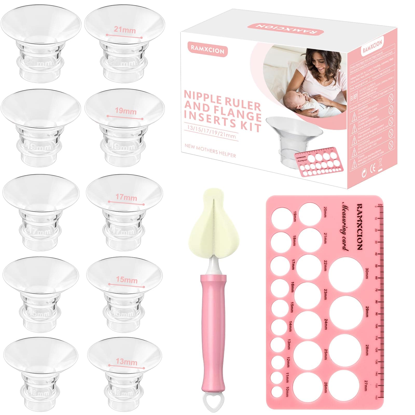 Flanschgrößen-Set 10 Stück 13/15/17/19/21mm für 24mm Brustpumpen-Schutzhüllen Mit Reinigungsbürste & Messkarte, Silikon