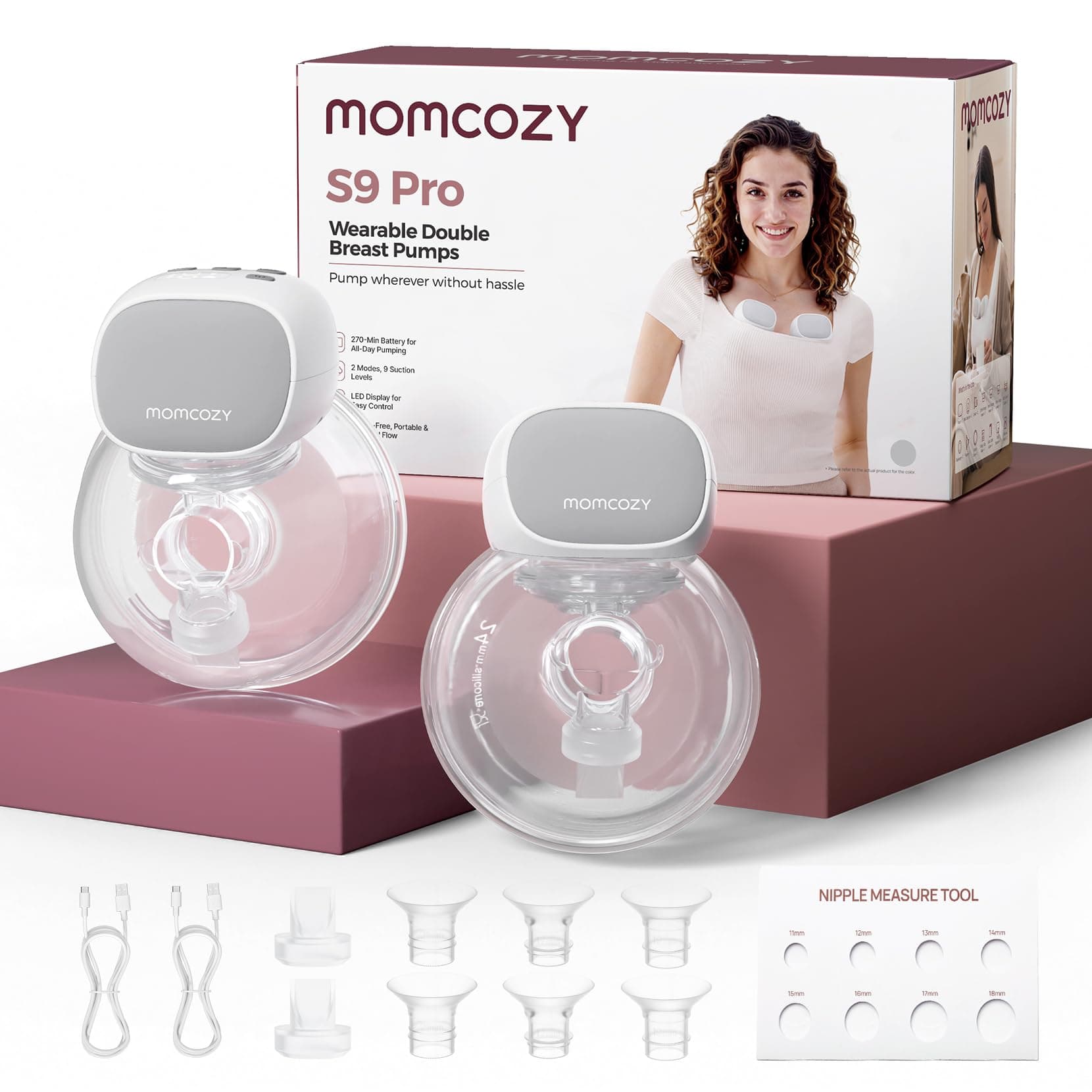 Momcozy S9 Pro Elektrische Milchpumpe für Mütter - Längste Akkulaufzeit & LED-Anzeige 24mm (2 Pack) Grau