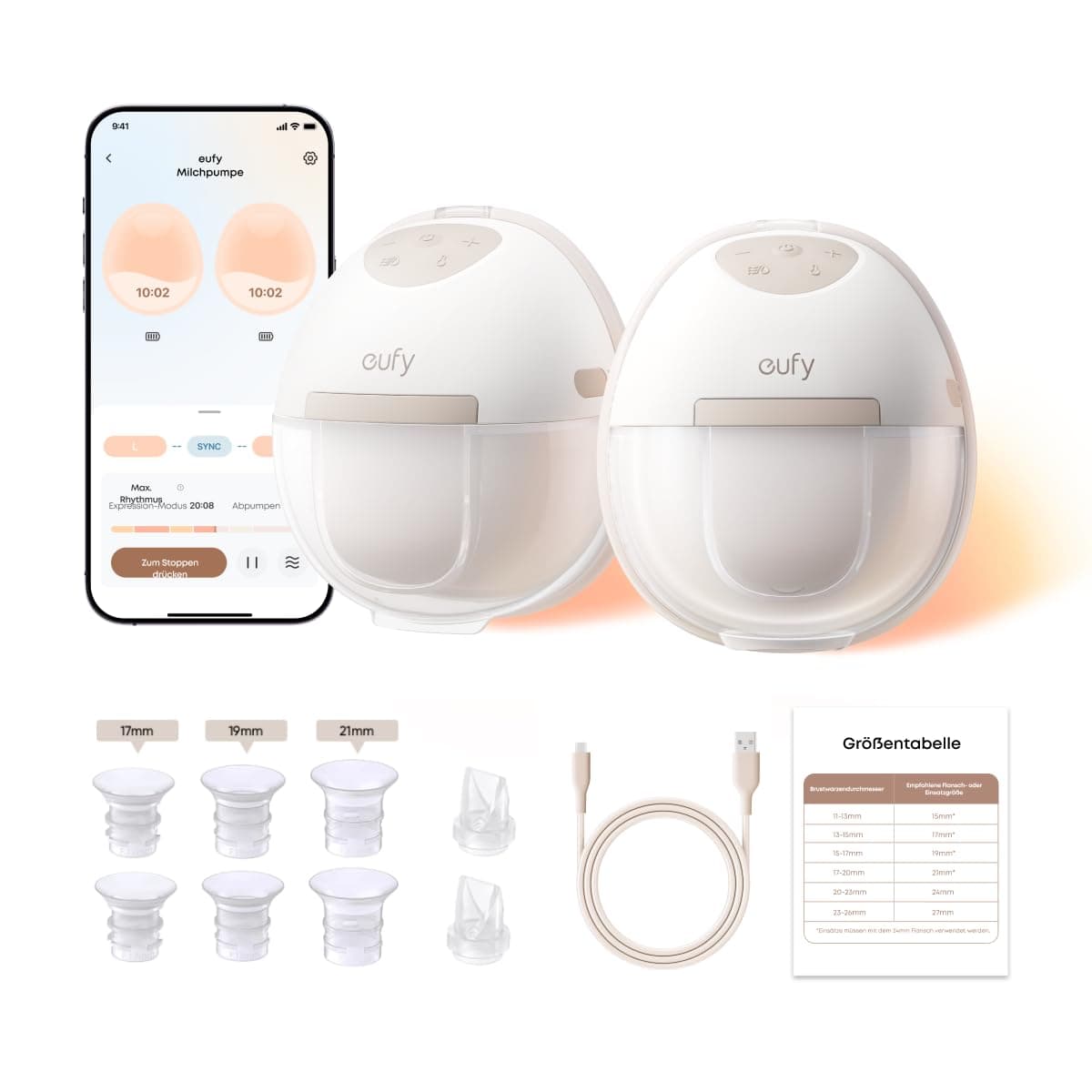 Eufy Tragbare Milchpumpe E20 - Elektrisch, 3 Heizstufen, HeatFlow Technologie