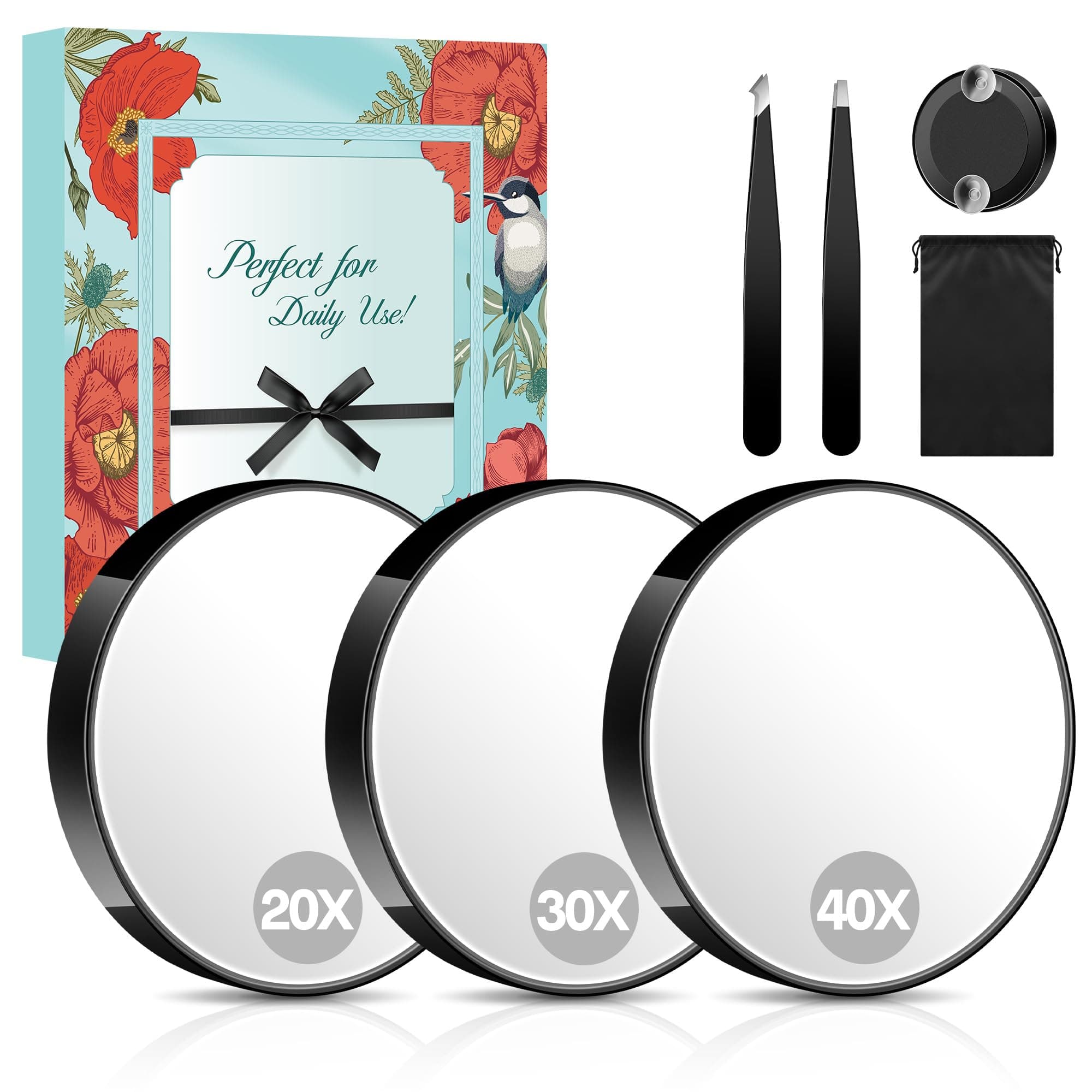 MIYADIVA 20X 30X 40X Vergrößerungsspiegel Set für Frauen - Reise, Bad und Zuhause mit Saugnapf, 9cm Kleiner Spiegel und