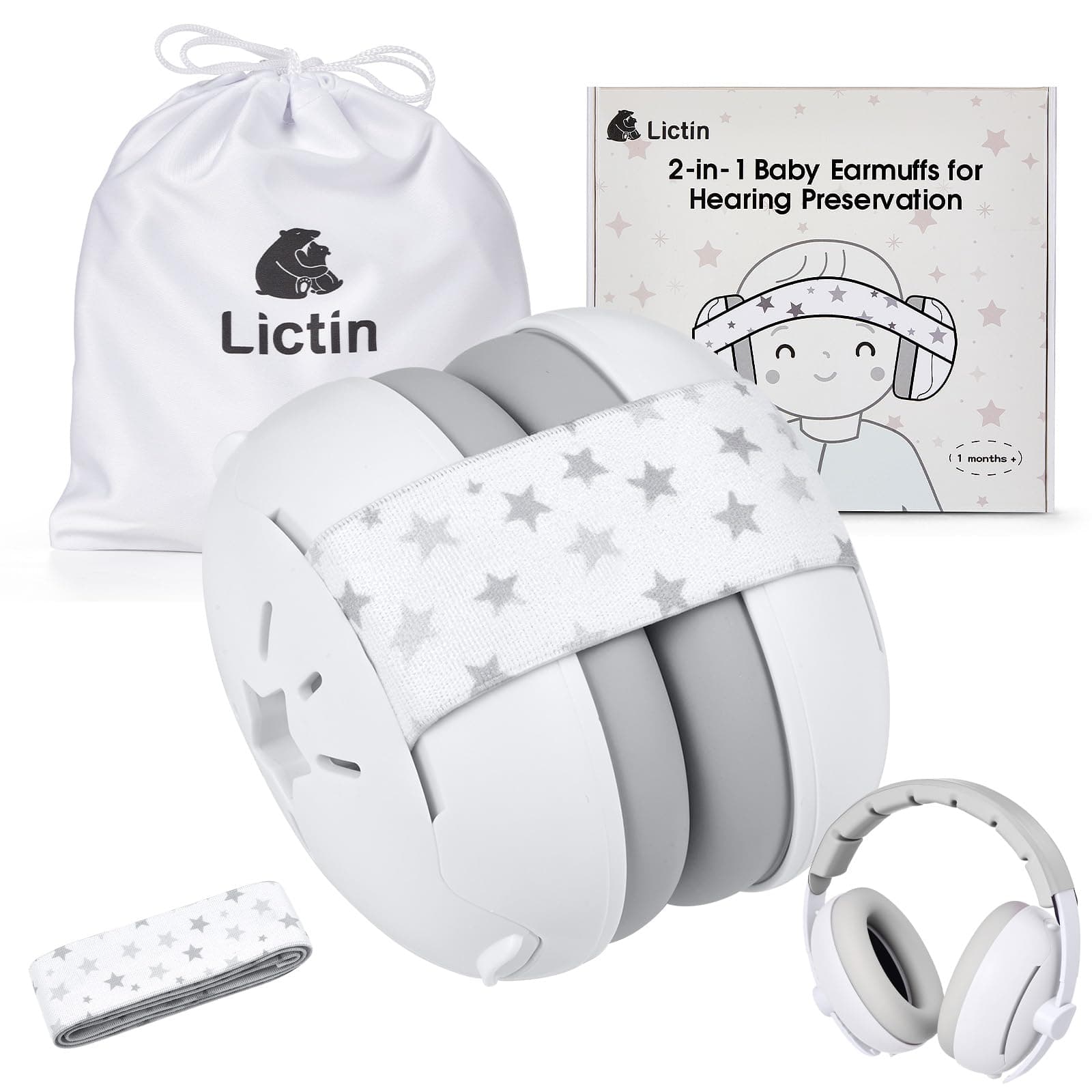Lictin Gehörschutz für Babys - 2-in-1 Kopfhörer mit Lärmschutz 25dB - Grau Stern