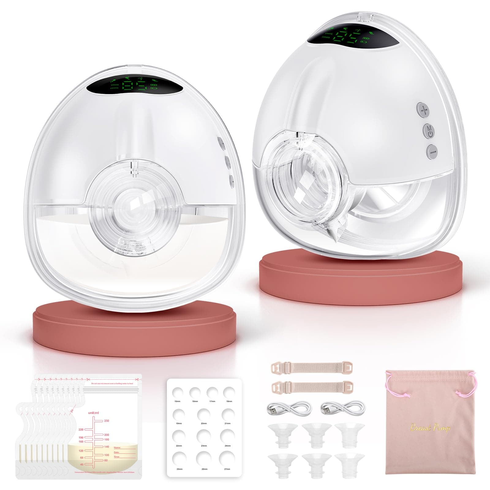Lulia Elektrische Milchpumpe Handsfree 4 Modi 350mmHg Starke Absaugung (2Packs)