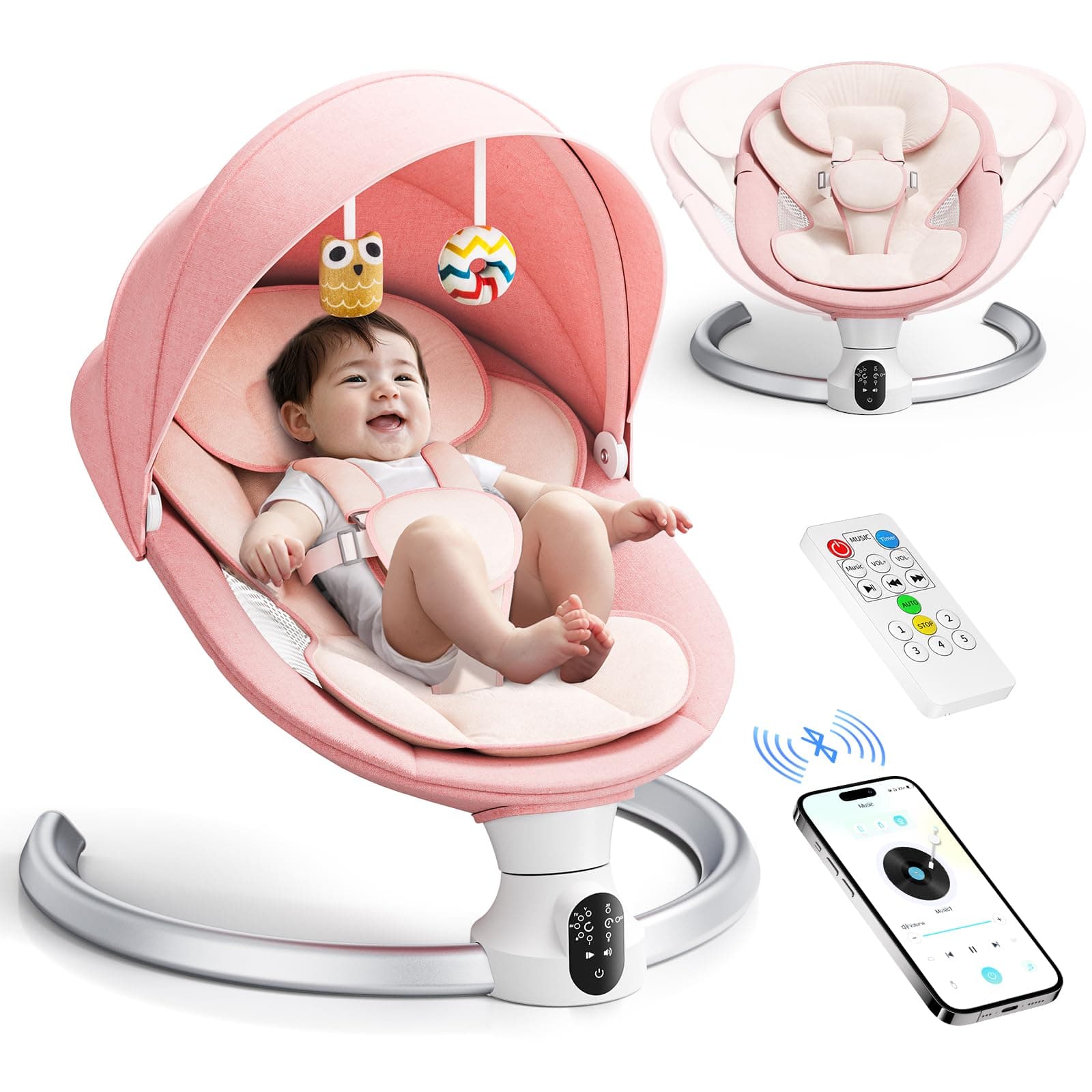 BlundiQue Elektrische Babywippe mit 5 Schaukelgeschwindigkeiten & Timing-Funktion, für Babys ab 0-9 kg, inkl. Fernbedien